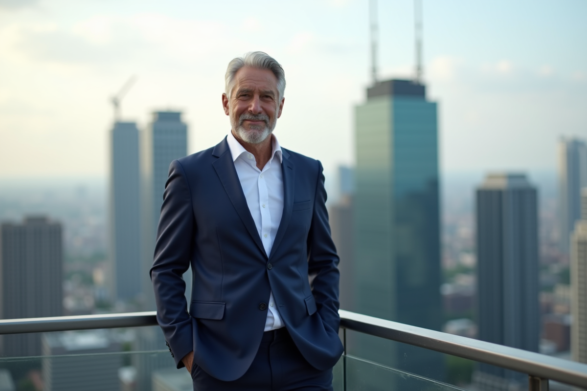 Homme d affaires confiant sur un rooftop avec vue sur la ville