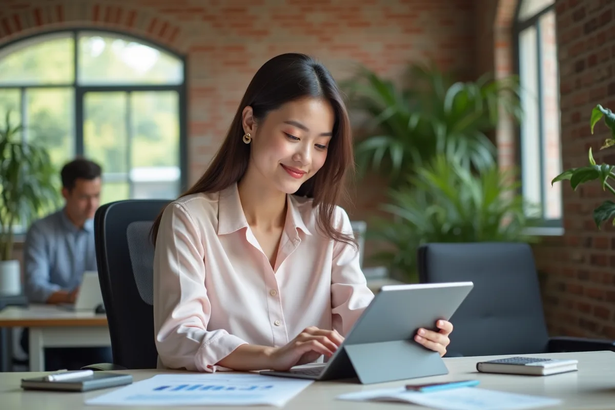 Jeune comptable femme calculant sur tablette dans bureau lumineux
