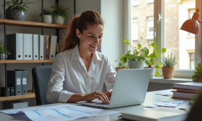 Jeune femme professionnelle travaillant sur son ordinateur dans un bureau lumineux