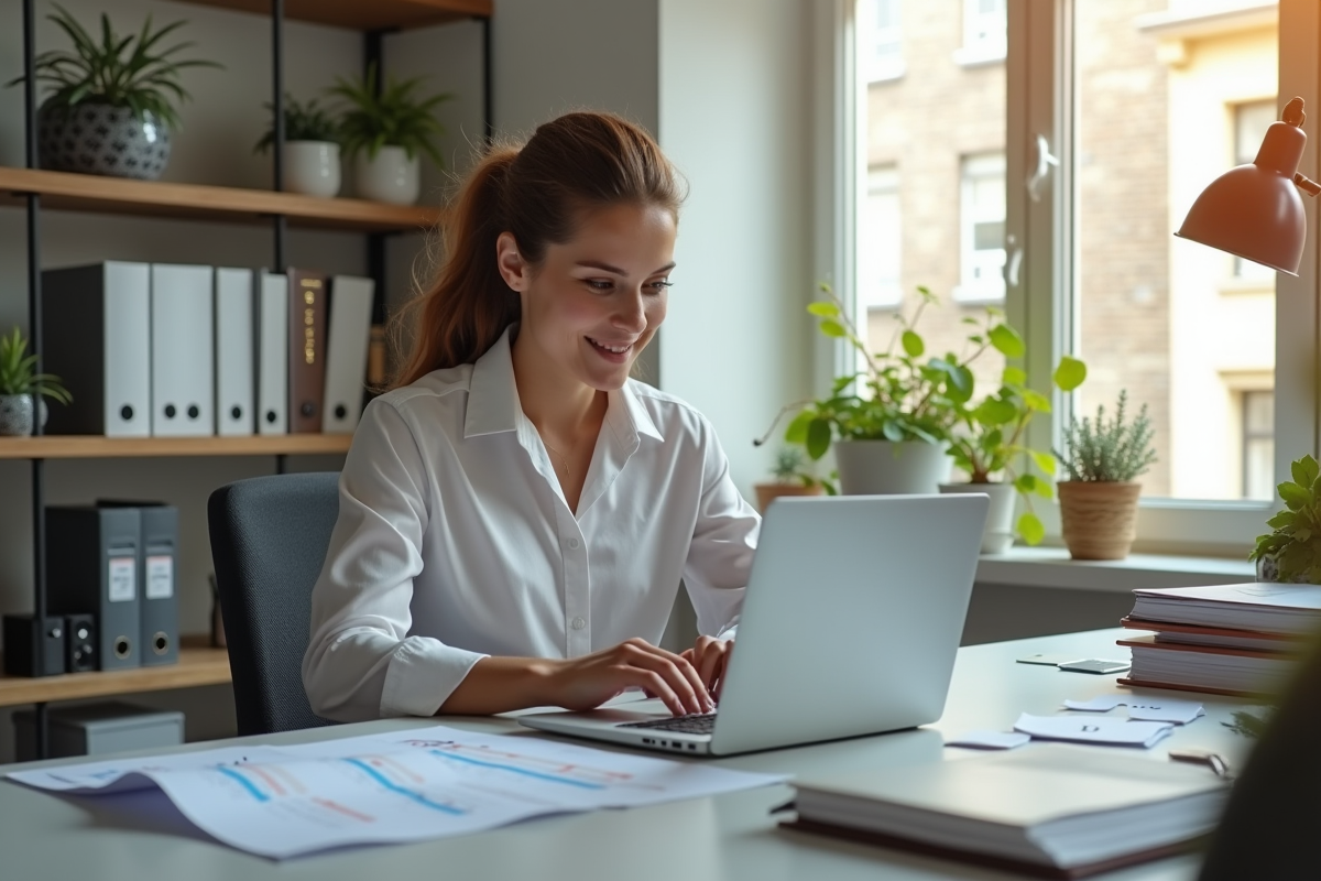 Jeune femme professionnelle travaillant sur son ordinateur dans un bureau lumineux