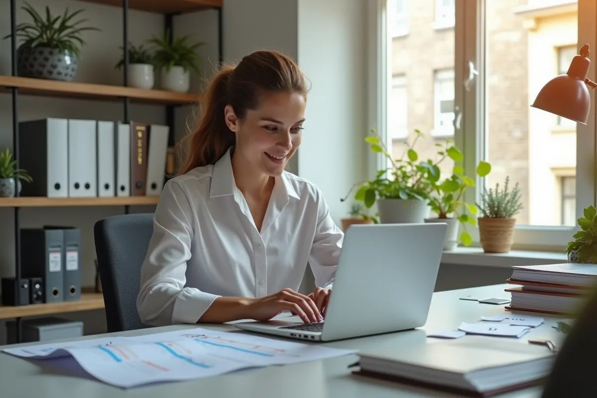 Jeune femme professionnelle travaillant sur son ordinateur dans un bureau lumineux