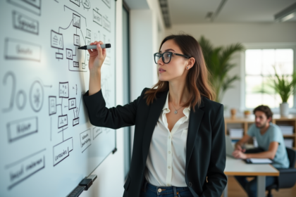 Jeune femme en réunion créative avec tableau blanc