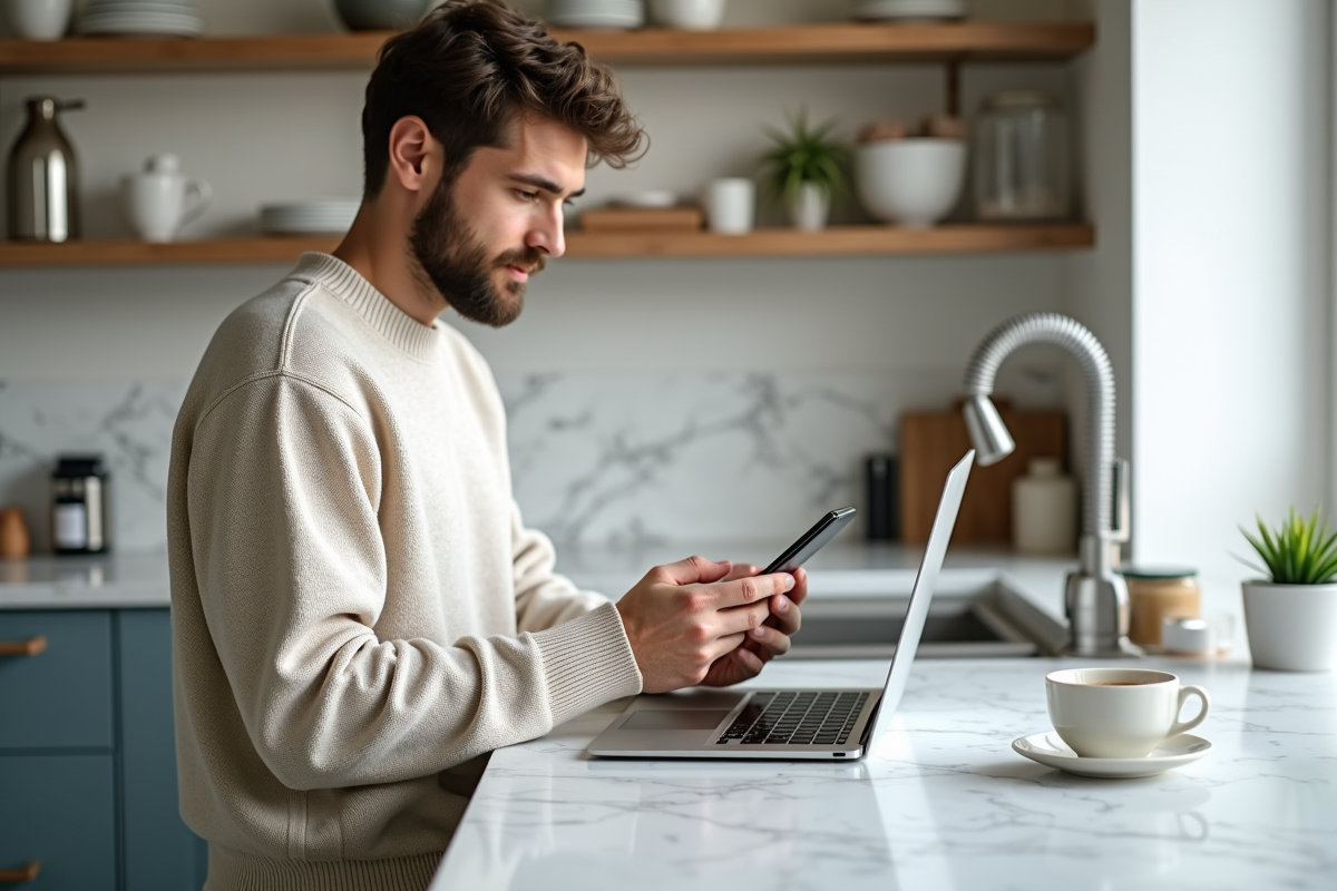 Jeune homme en cuisine vérifiant ses résultats marketing sur son smartphone
