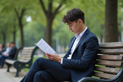 Jeune homme en costume regardant son CV dans un parc urbain