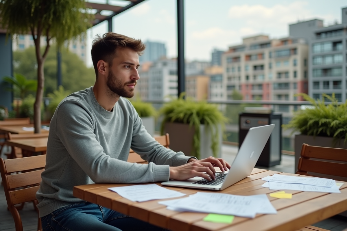 Jeune homme travaillant en extérieur avec ordinateur