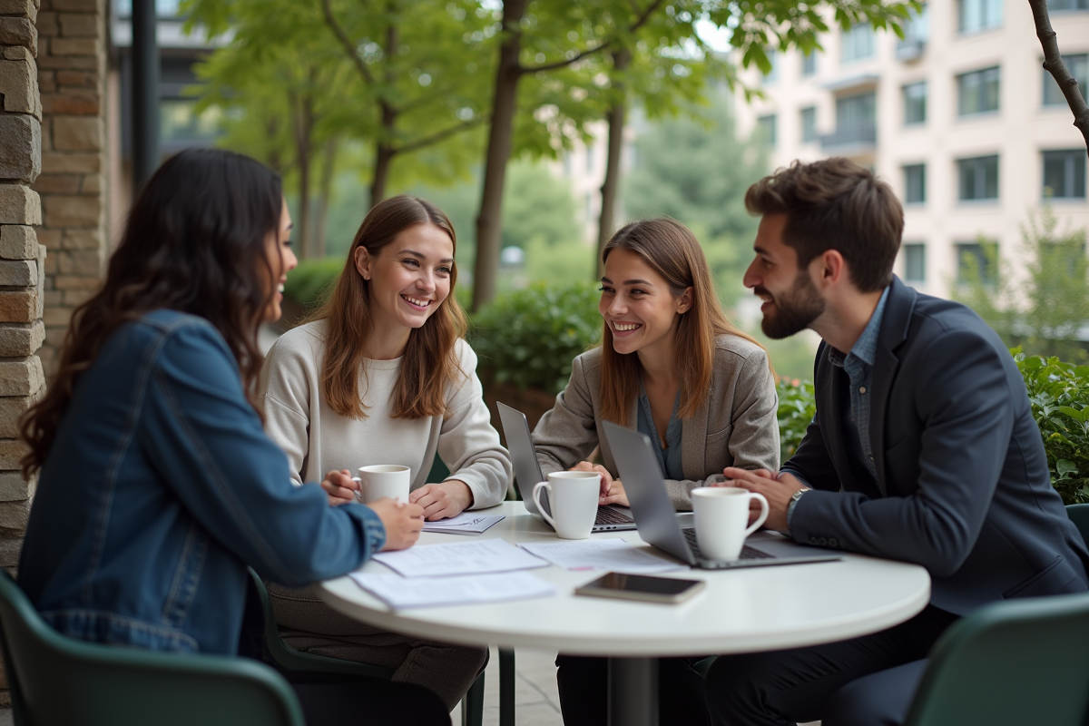 Jeunes entrepreneurs discutant en terrasse urbaine