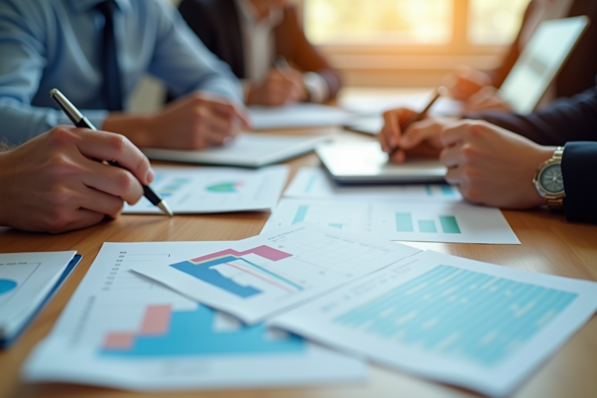 Mains examinant des documents et graphiques colorés