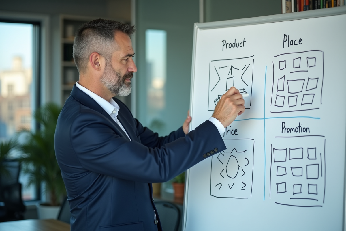 Manager marketing devant un tableau blanc avec diagrammes