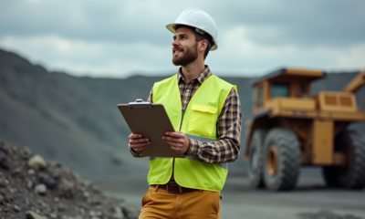 Jeune homme en vest jaune et casque blanc devant une mine