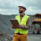 Jeune homme en vest jaune et casque blanc devant une mine