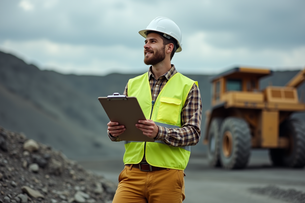 Jeune homme en vest jaune et casque blanc devant une mine