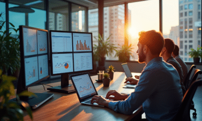 Groupe de professionnels analysant des données marketing dans un bureau lumineux