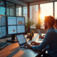 Groupe de professionnels analysant des données marketing dans un bureau lumineux