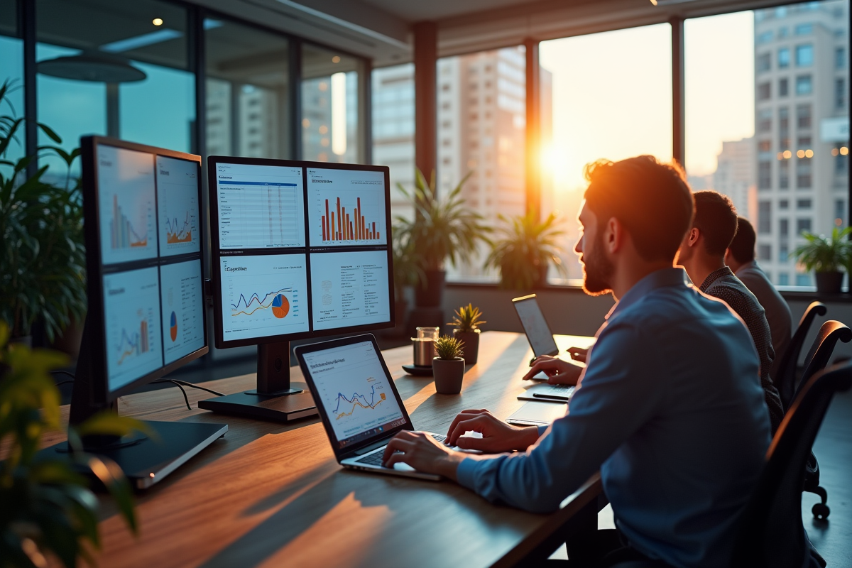 Groupe de professionnels analysant des données marketing dans un bureau lumineux