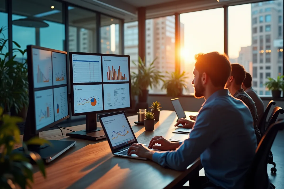 Groupe de professionnels analysant des données marketing dans un bureau lumineux