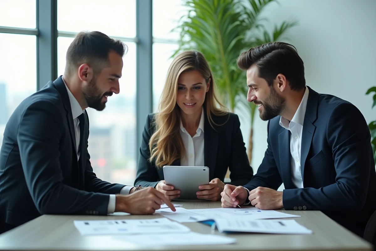 Trois professionnels en réunion dans un bureau lumineux