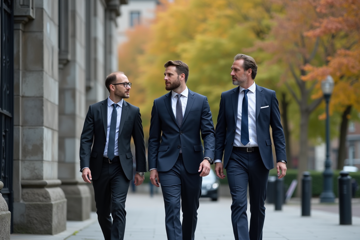 Groupe de professionnels irlandais discutant près des Four Courts à Dublin