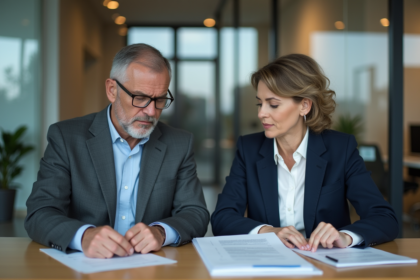 Homme et femme en affaires examinent des documents de conformité