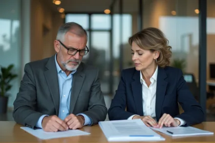 Homme et femme en affaires examinent des documents de conformité