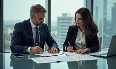 Deux professionnels d'affaires examinant des documents de fusion