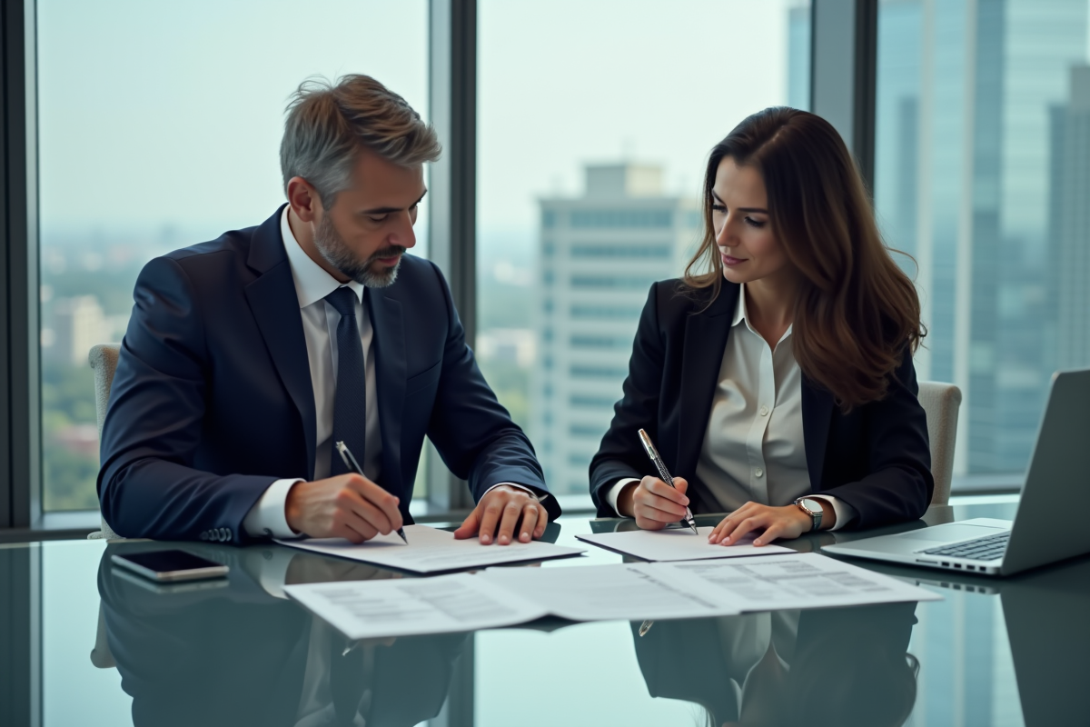 Deux professionnels d'affaires examinant des documents de fusion