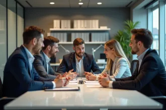 Groupe de collègues en réunion dans un bureau moderne