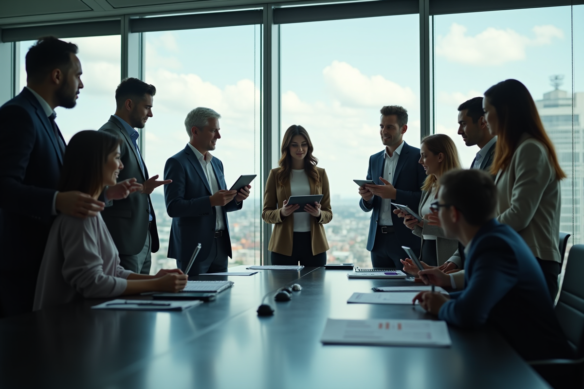 Professionnels en réunion discutant Loi 64 dans une salle vitrée