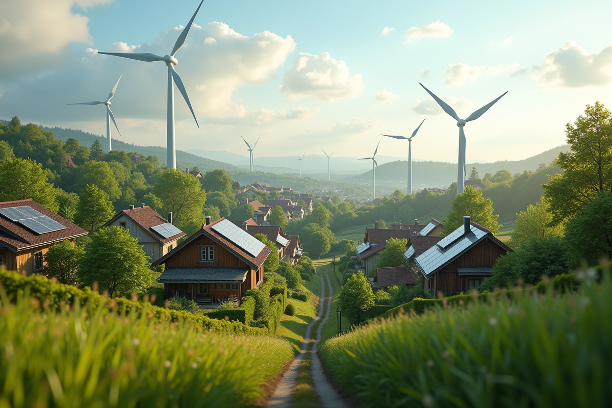 Village avec panneaux solaires et turbines éoliennes dans la campagne